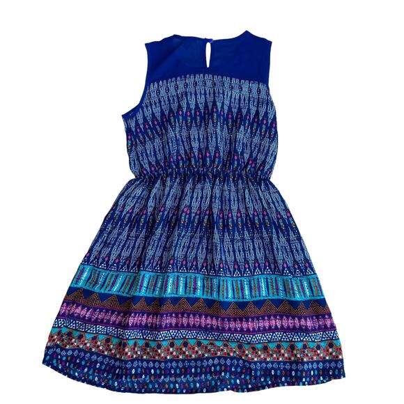 Hearts Monteau Girls Blue Geometric  Ikat Sleeveless Elastic Waist Dress 10 - Picture 2 of 3